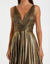 Gold Sleeveless V Neck Pleated Top Metallic Dress